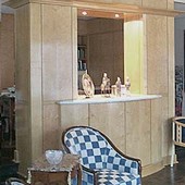 TV/Display Cabinet, built-in: marble, stained birdseye maple and maple with bowe